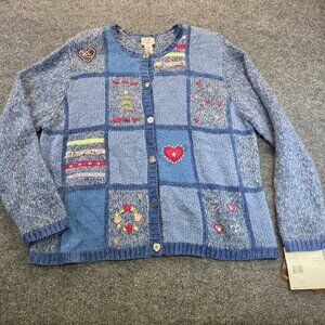 Vintage Koret City Blues Patchwork Cardigan XL Blue Heart Cottagecore Romantic